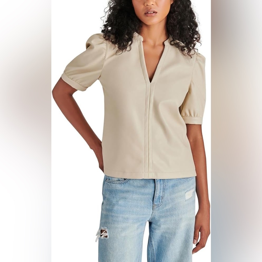 Steve Madden Faux Leather Cream Puff Sleeve Top